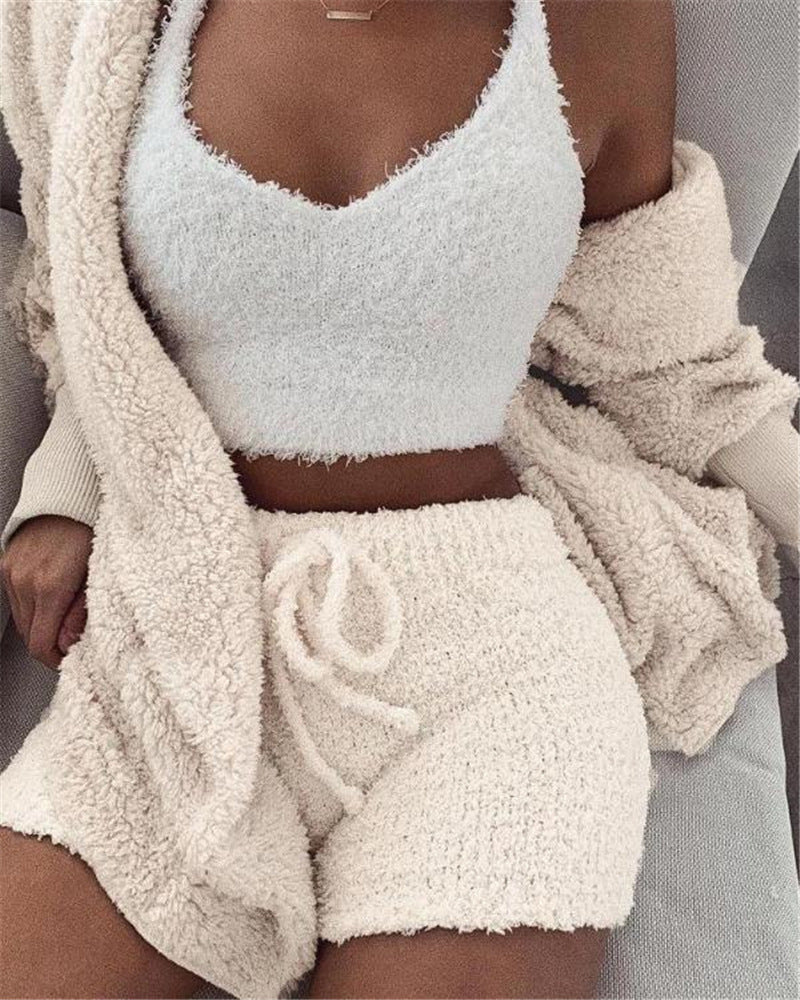 3pcs Abbigliamento Donna Manica Lunga Crop Canotta E Pantaloncini Con Coulisse Pigiama Set
