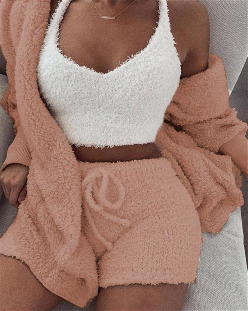 3pcs Abbigliamento Donna Manica Lunga Crop Canotta E Pantaloncini Con Coulisse Pigiama Set
