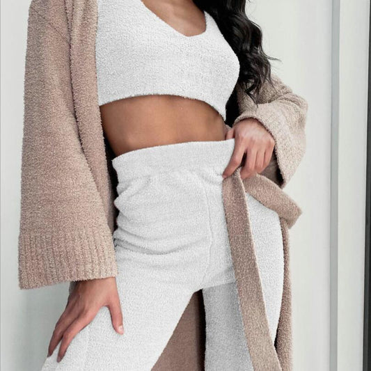 3pcs Abbigliamento Donna Manica Lunga Crop Canotta E Pantaloncini Con Coulisse Pigiama Set