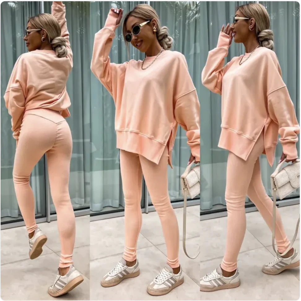 Conjunto Casual de Suéter para Mujer con Top Dividido y Pantalones Ajustados