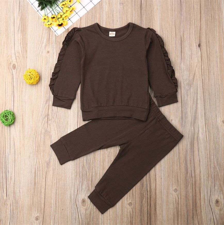 Neonato Ragazzi Ragazze Increspature Maglione Solido Manica Lunga Felpa Top Pantaloni Infantili Bambini 2 Pz Abiti Vestiti Set Autunno Vestiti