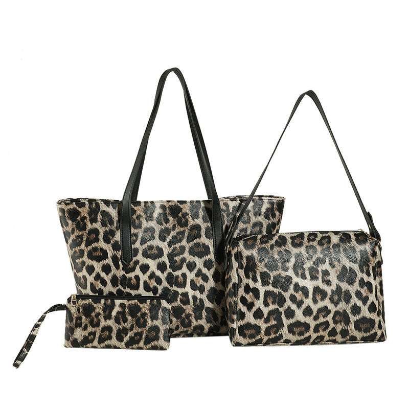 Set di tre pezzi Tote con stampa leopardata di grande capacità