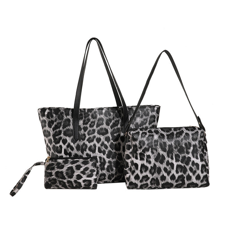 Set di tre pezzi Tote con stampa leopardata di grande capacità
