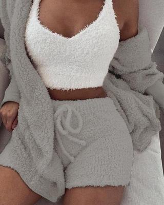 3pcs Abbigliamento Donna Manica Lunga Crop Canotta E Pantaloncini Con Coulisse Pigiama Set