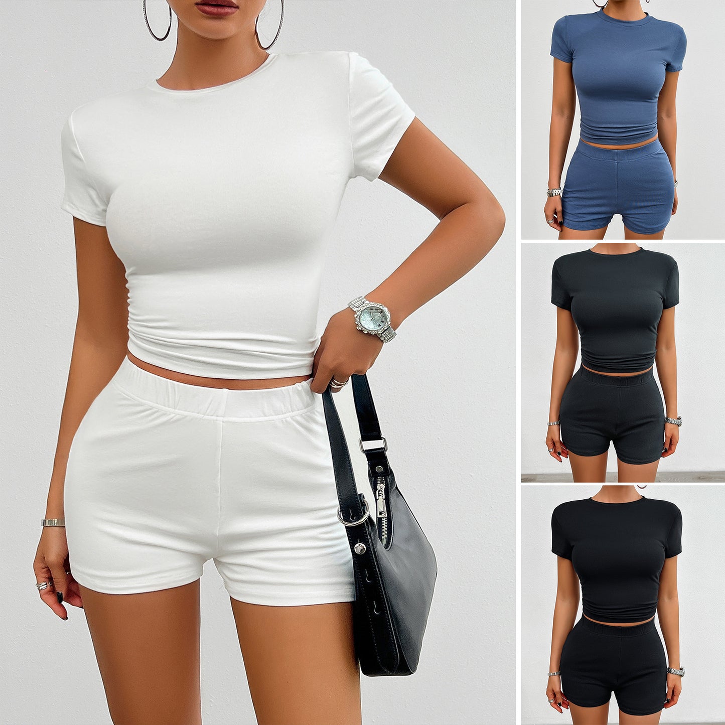 Tuta sportiva estiva slim tinta unita 2 pezzi con t-shirt a maniche corte e scollo rotondo e pantaloncini elastici, abbigliamento alla moda da donna