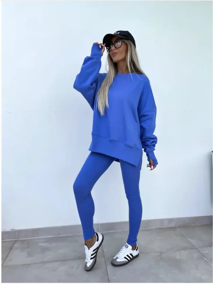 Conjunto Casual de Suéter para Mujer con Top Dividido y Pantalones Ajustados
