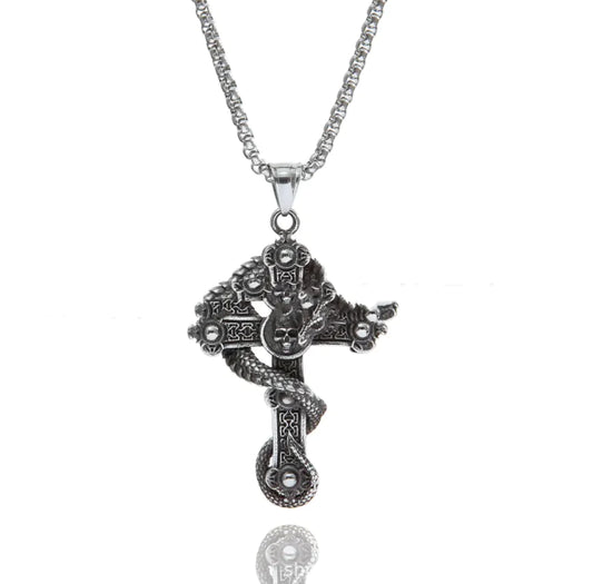 Collar con Colgante de Cruz y Dragón de Acero Inoxidable