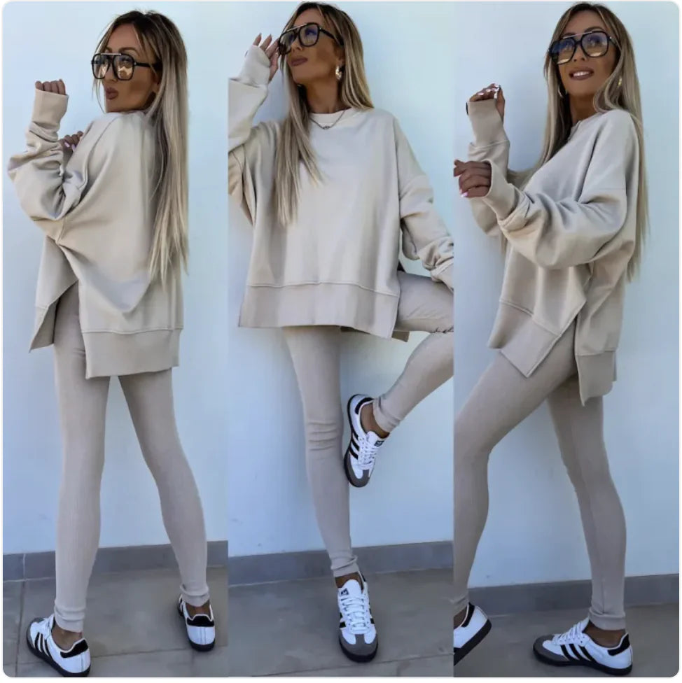 Conjunto Casual de Suéter para Mujer con Top Dividido y Pantalones Ajustados