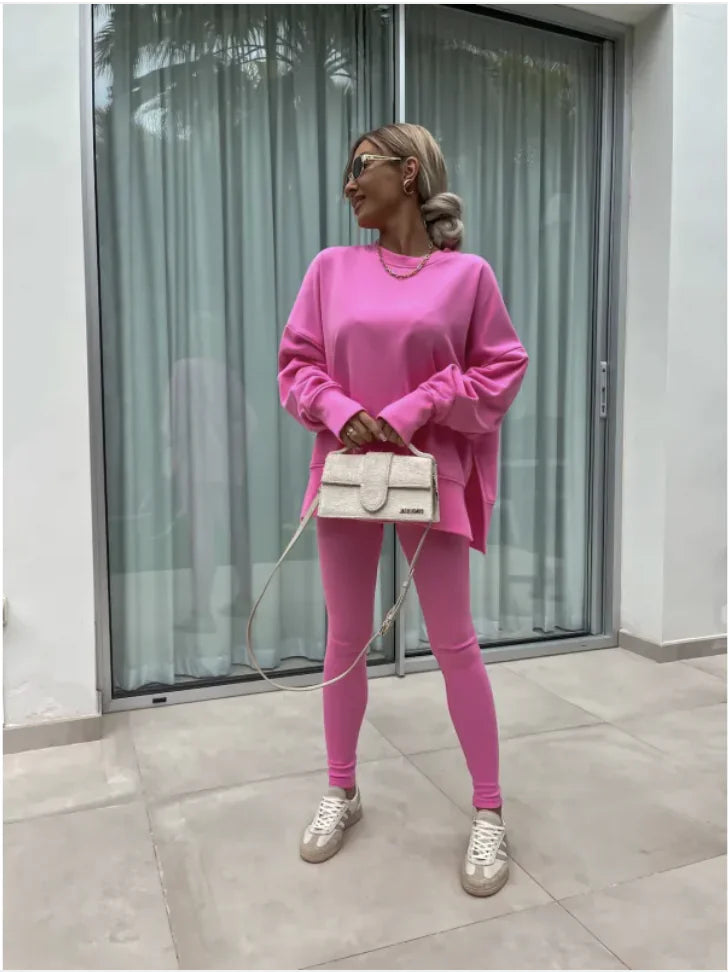 Conjunto Casual de Suéter para Mujer con Top Dividido y Pantalones Ajustados