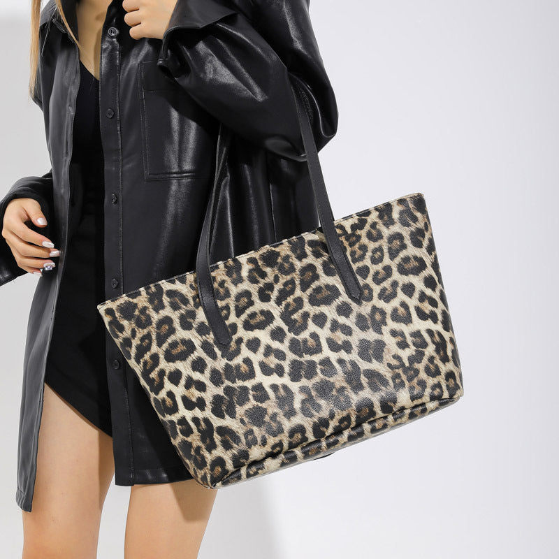 Set di tre pezzi Tote con stampa leopardata di grande capacità