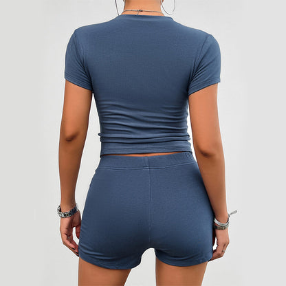 Tuta sportiva estiva slim tinta unita 2 pezzi con t-shirt a maniche corte e scollo rotondo e pantaloncini elastici, abbigliamento alla moda da donna