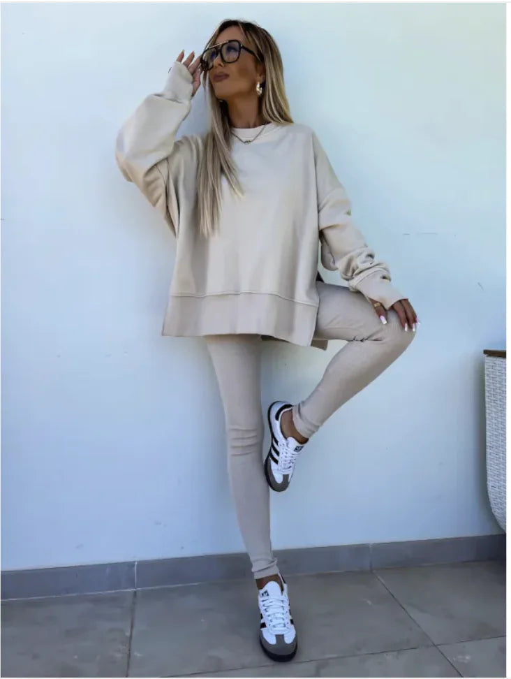 Conjunto Casual de Suéter para Mujer con Top Dividido y Pantalones Ajustados