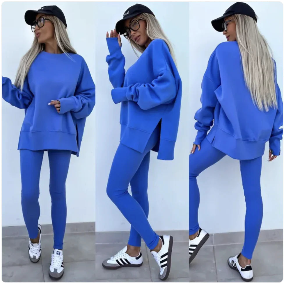 Conjunto Casual de Suéter para Mujer con Top Dividido y Pantalones Ajustados