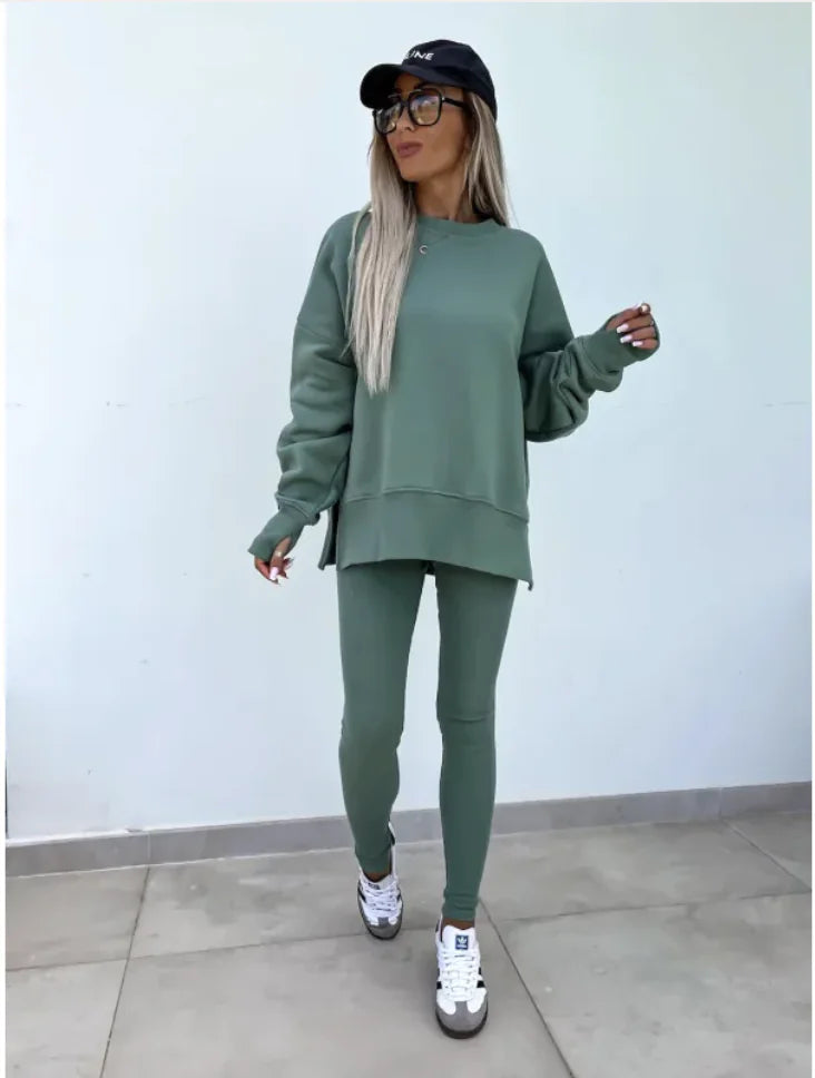 Conjunto Casual de Suéter para Mujer con Top Dividido y Pantalones Ajustados