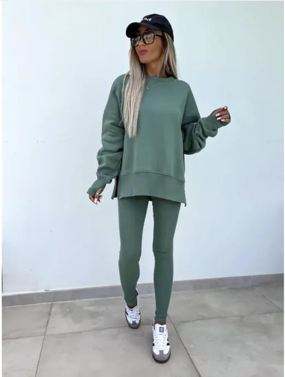 Conjunto Casual de Suéter para Mujer con Top Dividido y Pantalones Ajustados